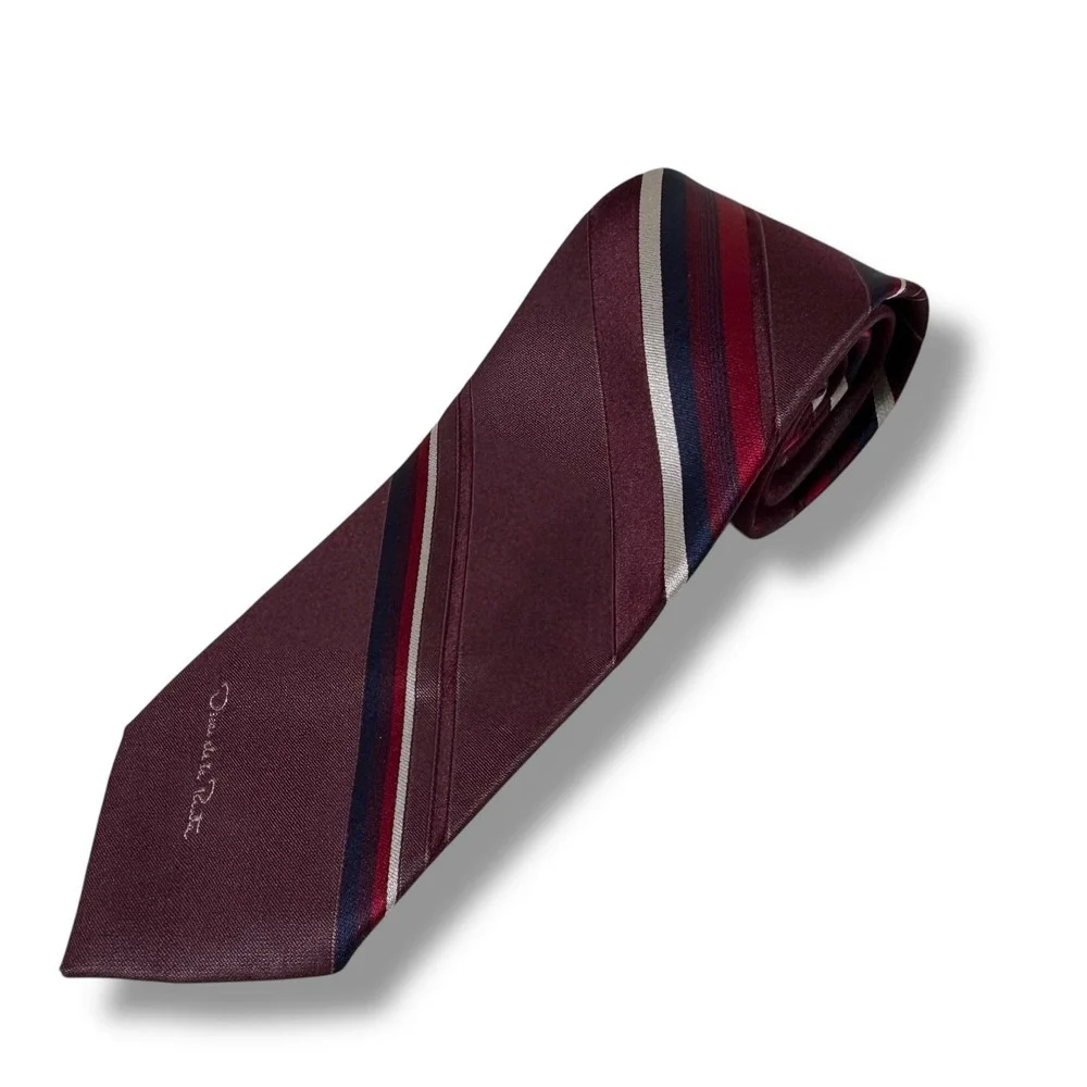 Vintage Oscar De La Renta Tie‎ Maroon Burgundy Striped Silk and Polyester